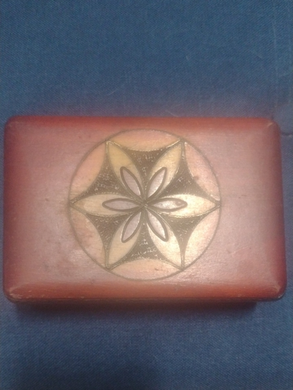 Vintage Rectangular Carved Wooden Box with Floral Inlay - Rust Red